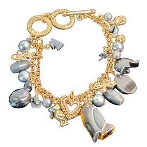 Vintage Antique Gold Tone Carved Glass Animal Gray Pearl Charm Toggle Bracelet